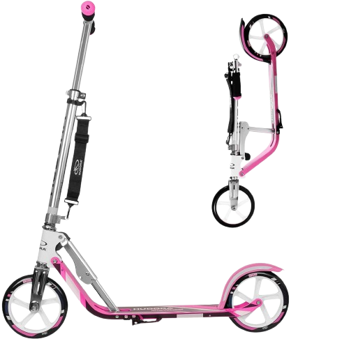 "Pink scooter parked outdoors, showcasing its sleek design with a soft pastel pink color and a minimalist look."