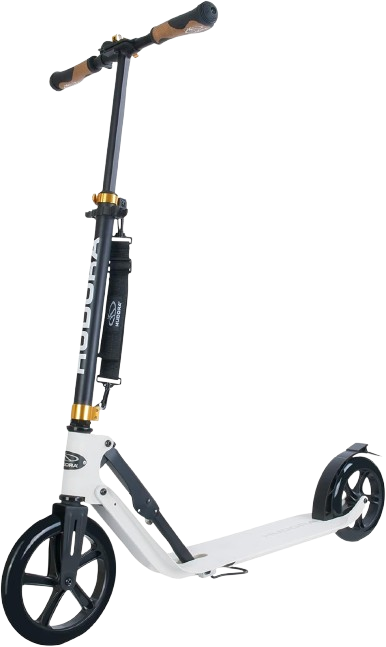 "Black and white scooter parked on a street, showcasing its sleek, minimalist design."