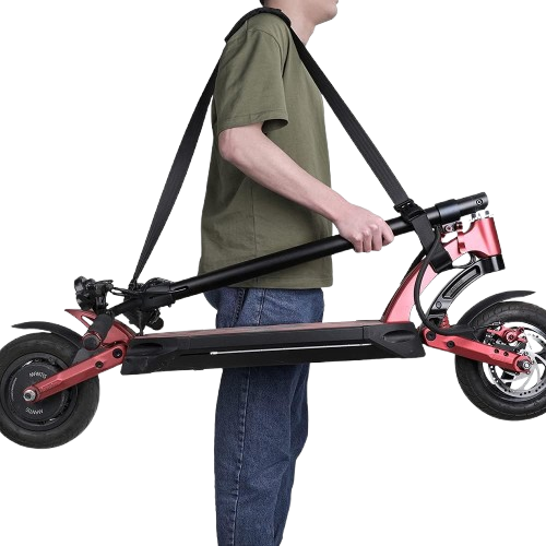 "Black scooter shoulder strap with adjustable length and padded shoulder support, designed for easy scooter carrying."